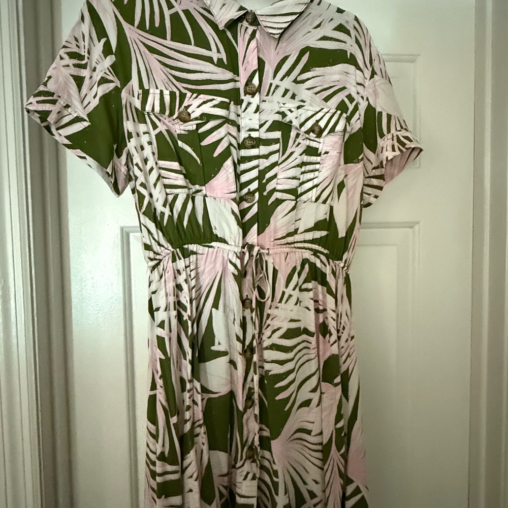 LOFT Green and Pink Leaf Print Mini Dress